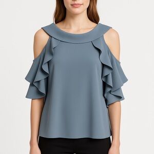 NWT Topshop Blue Cold Shoulder Ruffle Blouse, Size 6
